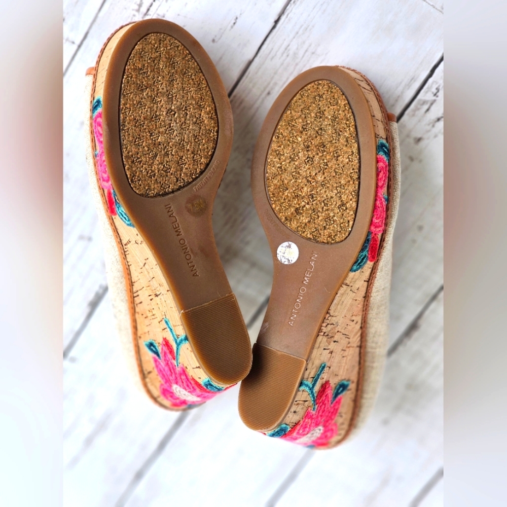 Antonio Melani Embroidered Floral Cork Wedge Sandal Heels Peep Toe Size 7.5M - Picture 12 of 17